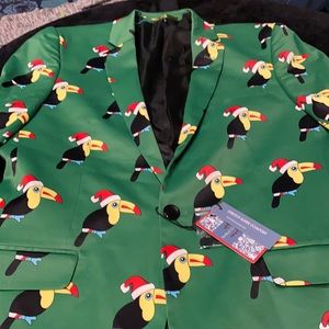 Christmas suit coat toucan wearing a Santa hat